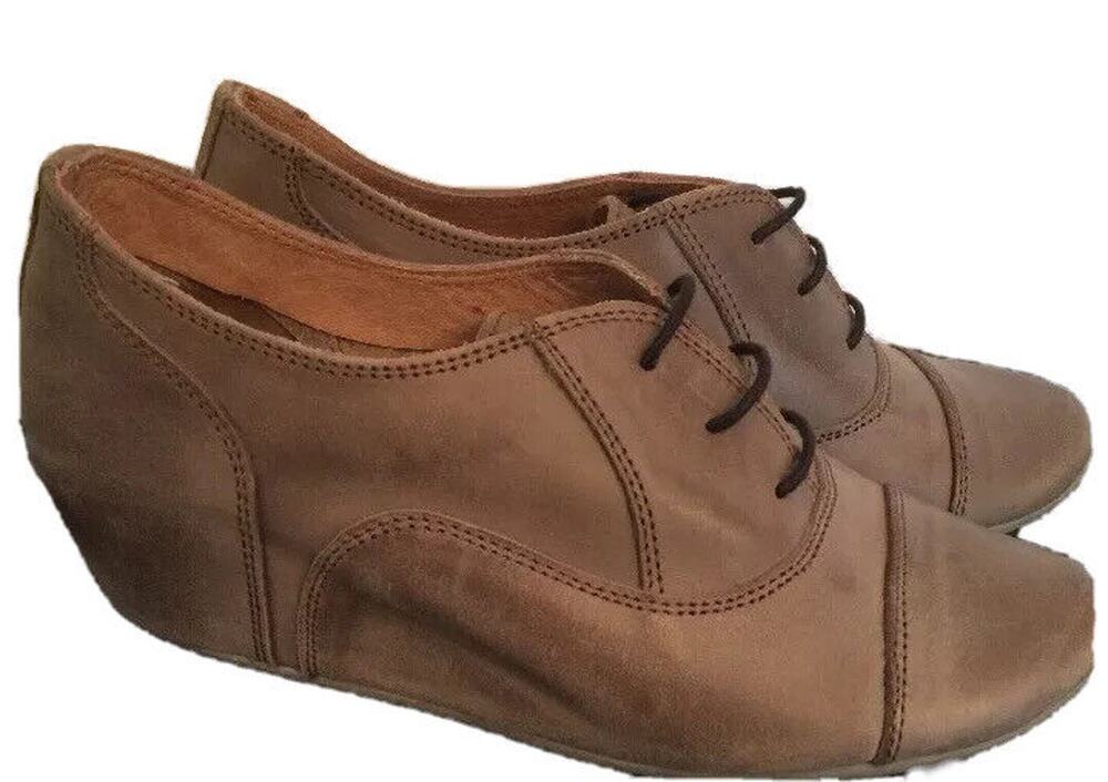 Size 36 (6M) Sheridan Mia Brown Brushed Leather Wedge Oxfords Womens Lace Up